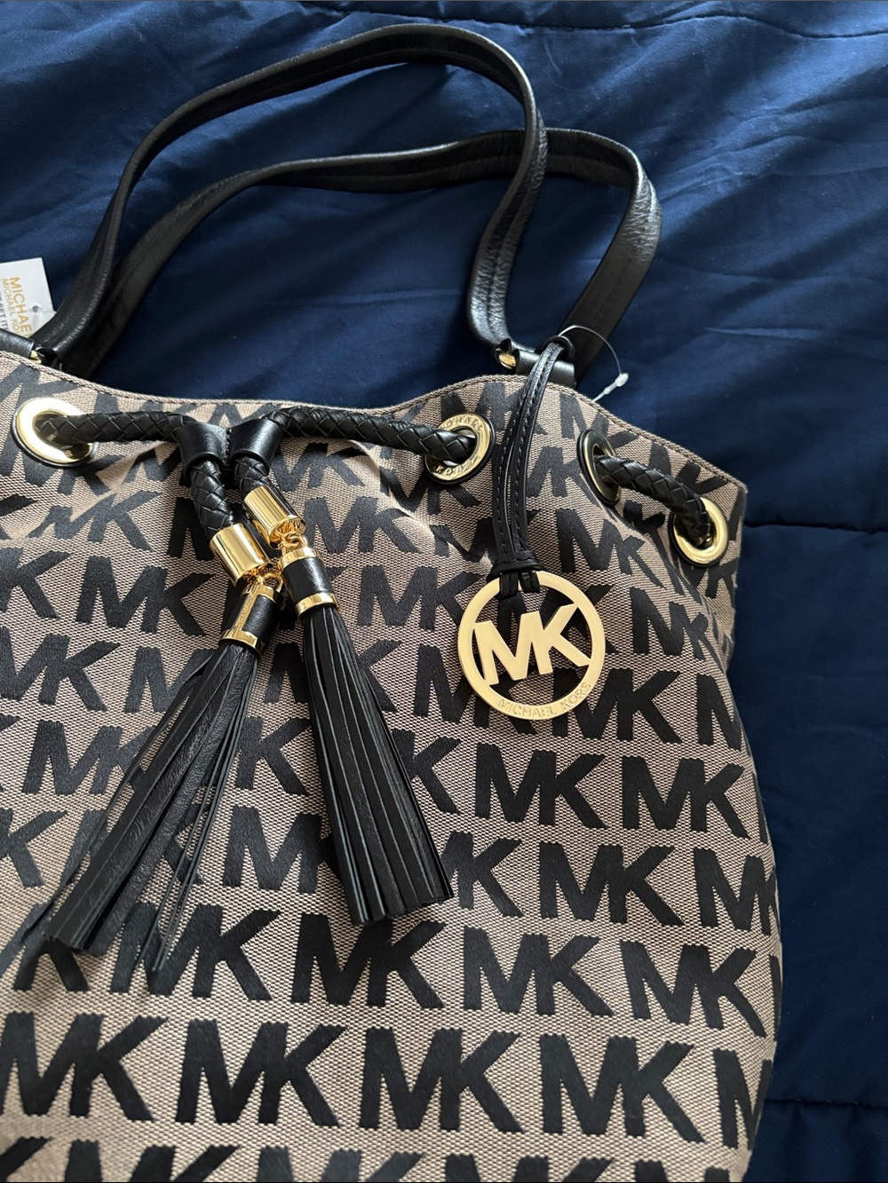 Michael Kors Brown and Black MK Logo Drawstring Shoulder Bag - Picture 4 of 7